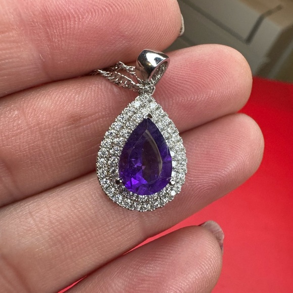 African Amethyst & Simulated Diamond 5.50 ctw Pendant Necklace. Platinum Plated - Picture 2 of 3